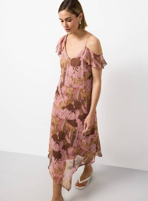 Pink Floral Print Asymmetric Frill Sleeve Cami Dress 22